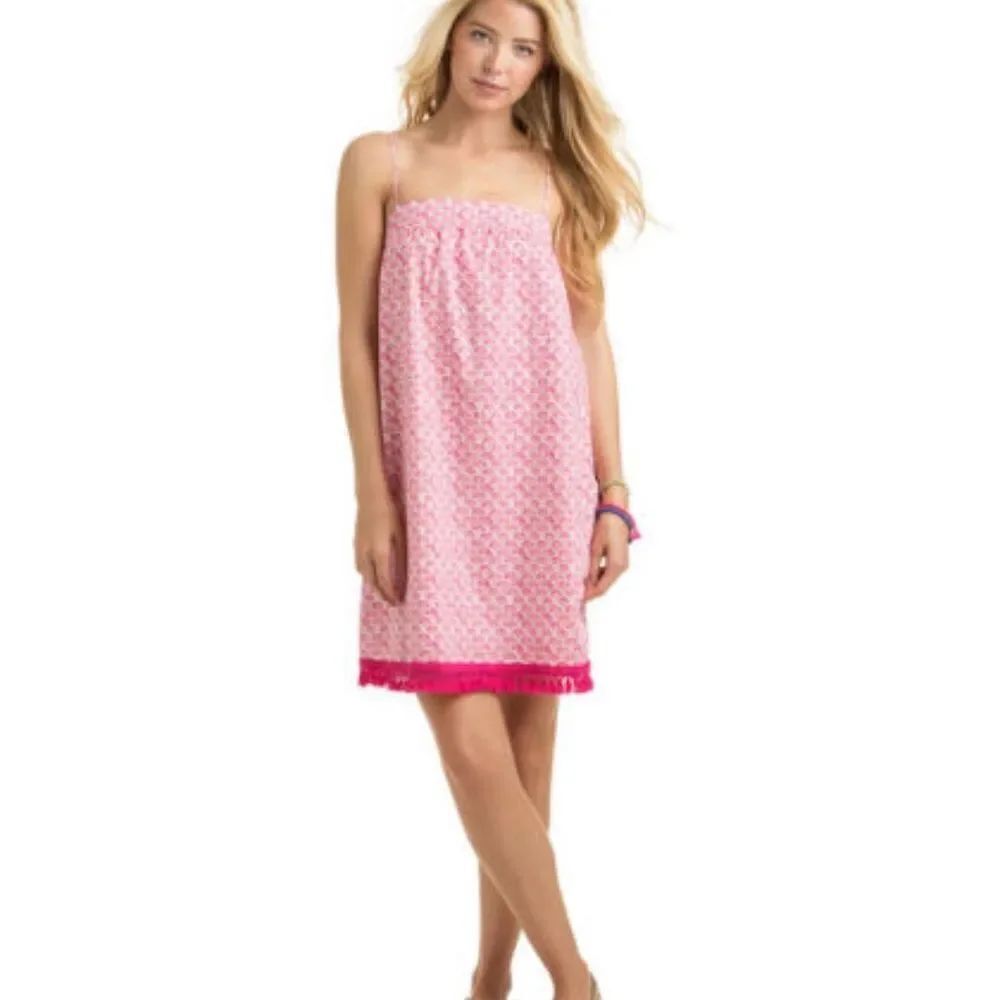 Vineyard VinesโPink White Tiny Leaves Tassel Hem Swing Dress Size XS